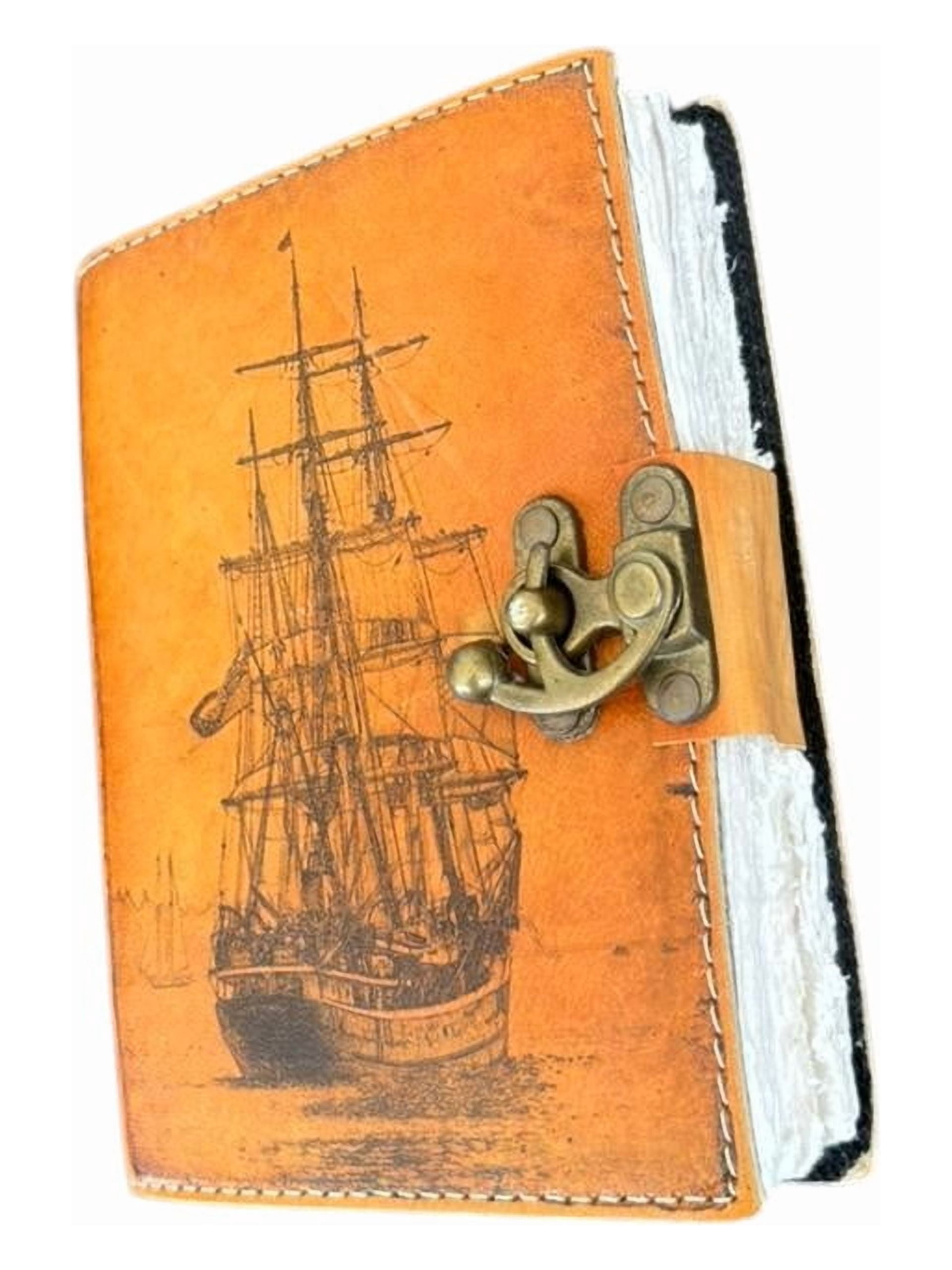 Handmade Leather Journal 5x7 – Vintage Ship Design Diary with Deckle Edge Paper, 200 Pages, Lock Closure