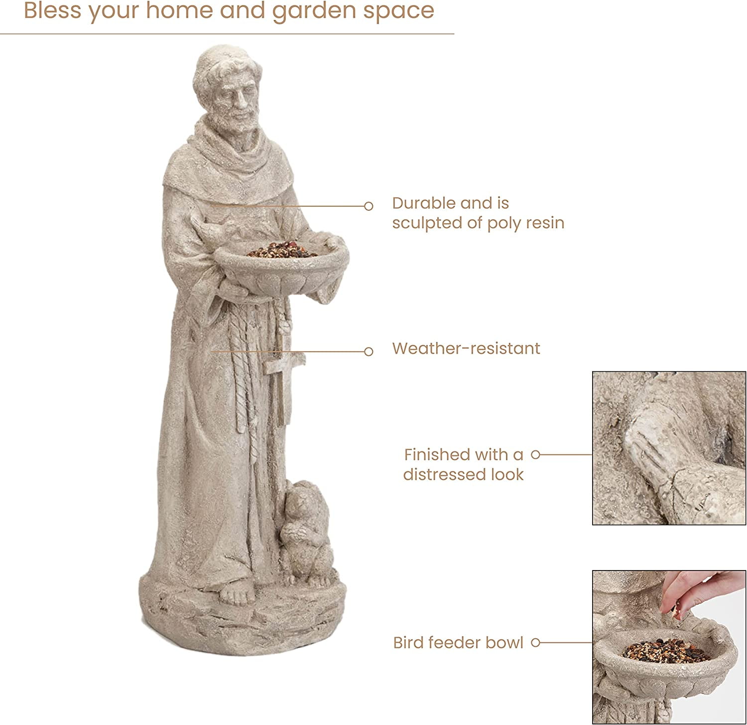 Bits and Pieces St. Francis 66cm Garden Statue, Bird Feeder