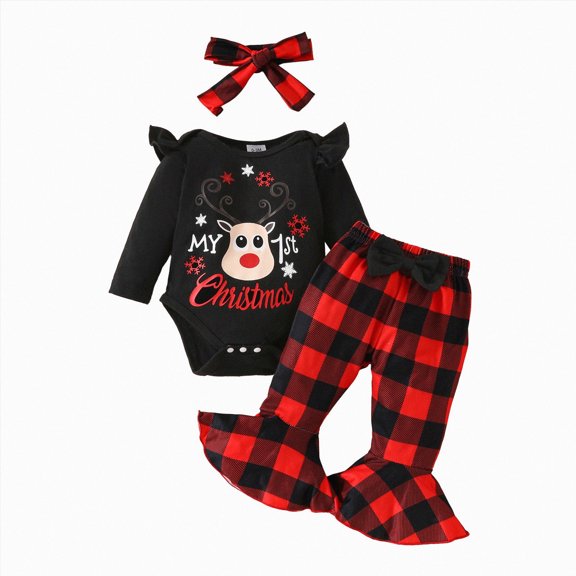 Linfrsh Newborn Baby Girls Christmas Clothes Ribbed Ruffled Romper Floral Pants Headband Infant Outfit Set, 6-9 Months