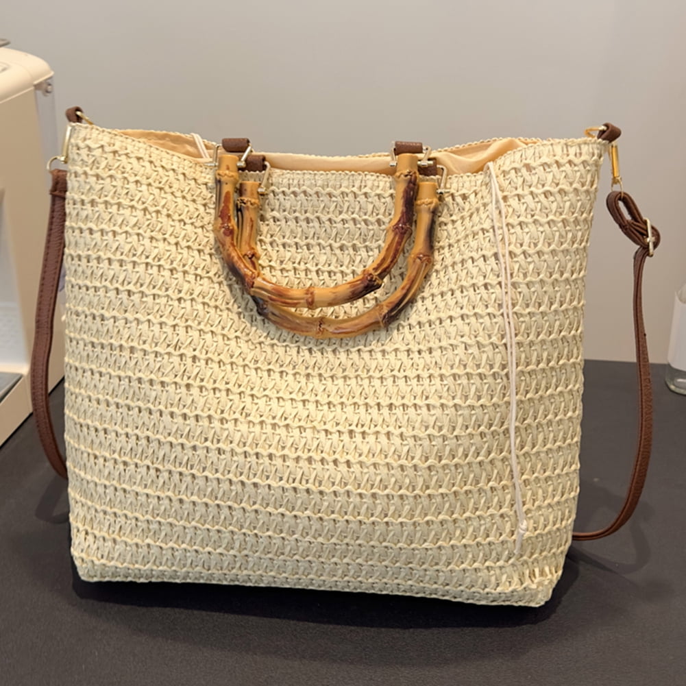 Women Straw Woven Handbag with Bamboo Handle Tote Clutch Bags for Seaside(Beige) Shoulder Bags for Women