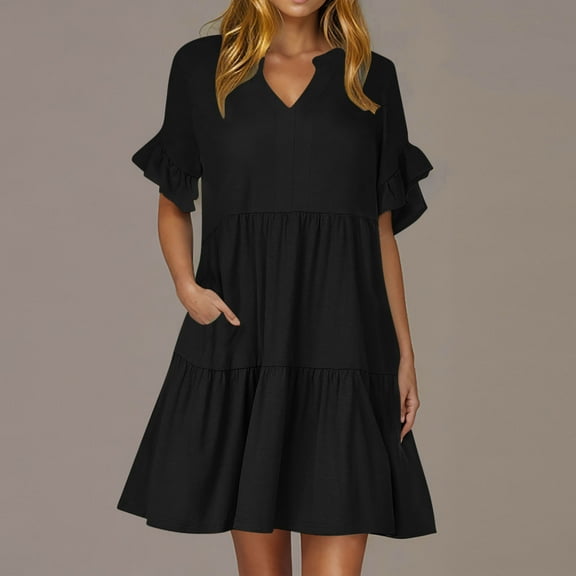 qolati Summer Dresses for Women 2025 Trendy Ruffle Short Sleeve V Neck A Line Tiered Flowy Sundress Loose Casual Mini Beach Dress with Pockets