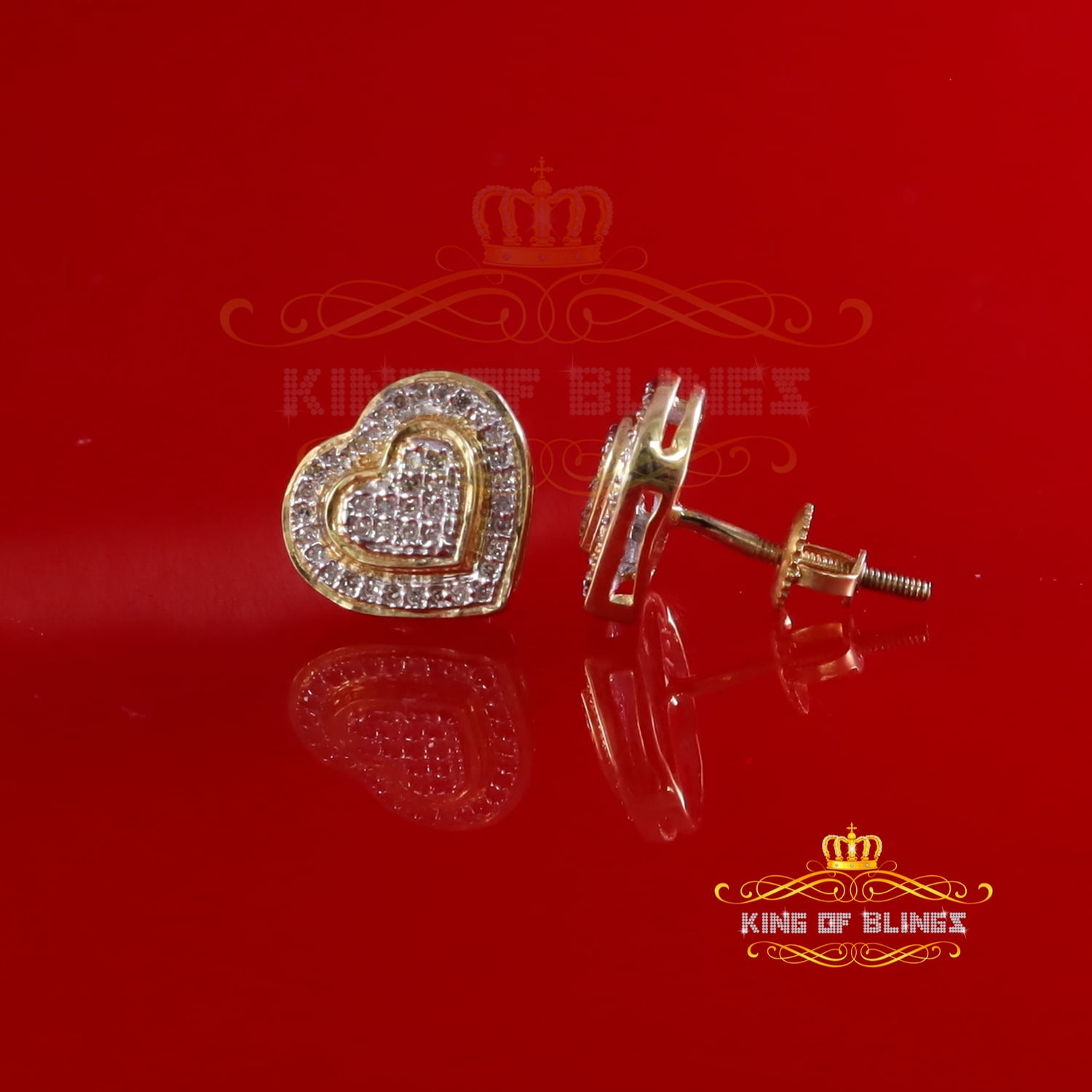 King of Bling's Real 10K Yellow Gold Heart Stud Earring with 0.25CT Diamond For Women And Men