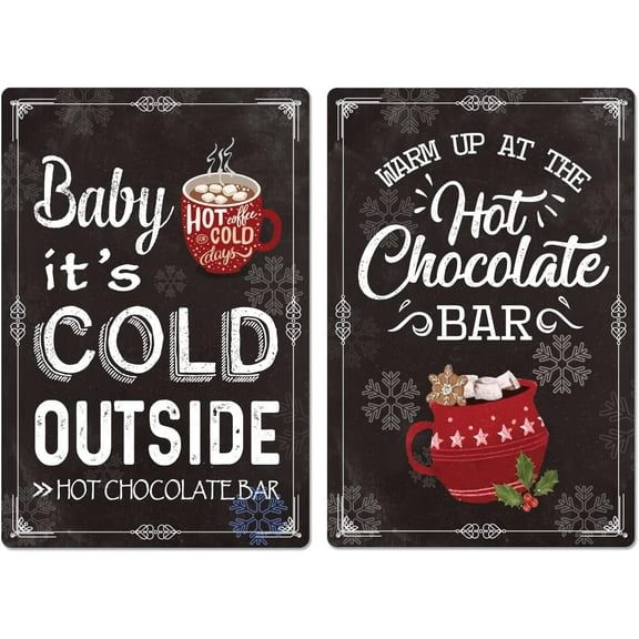 2 Pieces Hot Chocolate Bar Sign Farmhouse Christmas Decor Christmas Vintage Metal Sign Retro Tin Sign Winter Wall Hanger for Wall Poster Home Kitchen Bar Coffee Shop, 7.87x 11.8 Inches