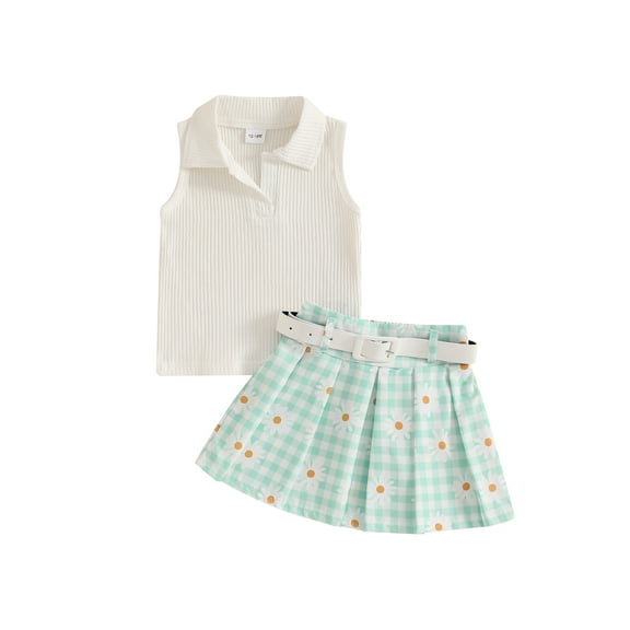 2Pcs Baby Toddler Girl Summer Outfits 12 18 24 Months 2T 3T 4T 5T Sleeveless Collared Tank Tops   Pleated Skirt Set Clothes