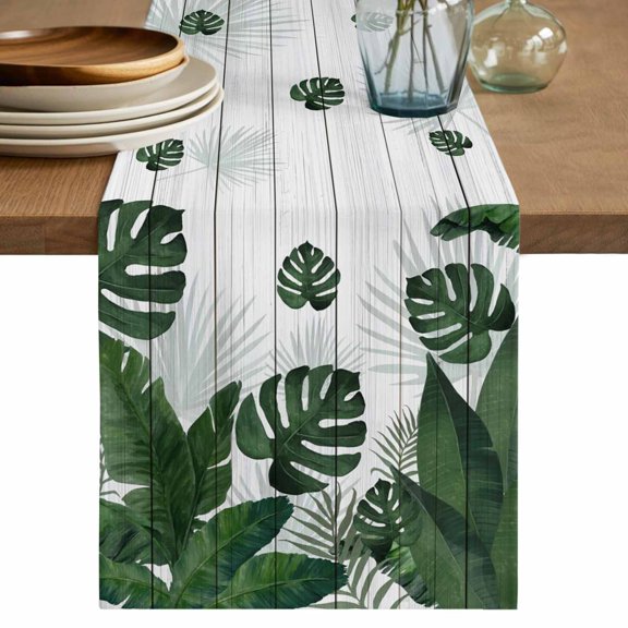 Palm Leaves Table Runner 72 Inches, Tropical Botanical Leaf Summer Wooden Gray Bed Runner Dresser Scarves Tabletop for Indoor Outdoor Parties/Ceremony/Banquet, 18" x 72"