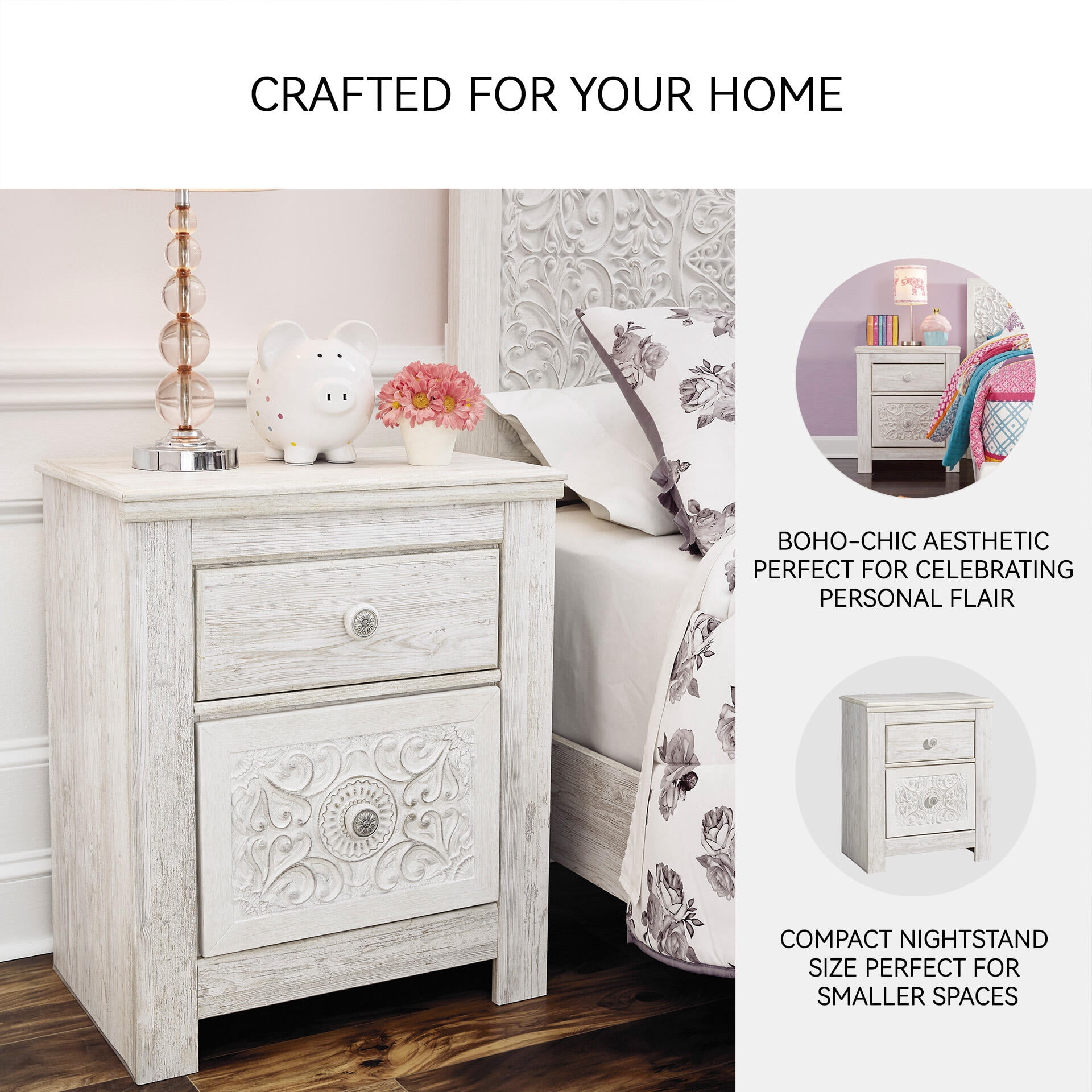 Signature Design by Ashley Traditional Paxberry 2 Drawer Nightstand, Whitewash