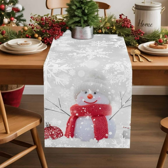 Christmas Cute Snowman Red Scarf Hat Table Runner 13x90in Non-Slip Cotton Linen Table Runners, Winter Snowflake Dresser Scarves TableRunner for Dinner Kitchen Dining Wedding Party