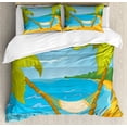 thumbnail image 1 of Art Blue Duvet Cover Set Queen Size, Cartoon Animated Tropical Hawaiian Sea Themed Hammock Between Palm Trees on Beach, Decorative 3 Piece Bedding Set with 2 Pillow Shams, Multicolor, by Ambesonne, 1 of 3