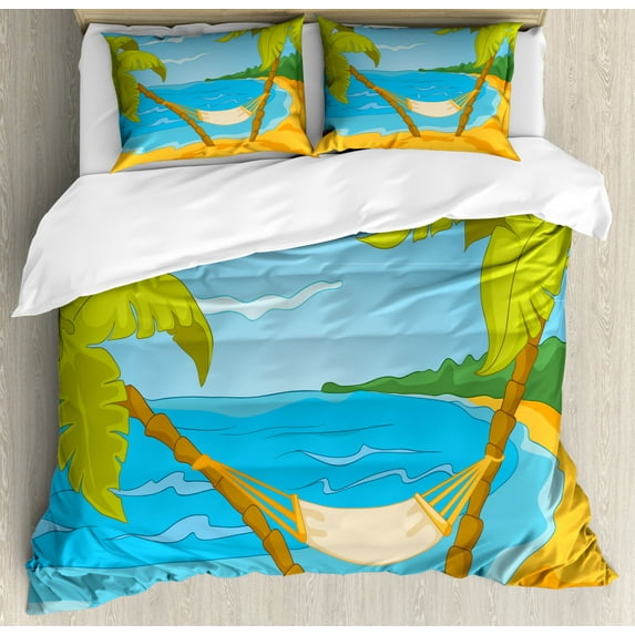 Art Blue Duvet Cover Set Queen Size, Cartoon Animated Tropical Hawaiian Sea Themed Hammock Between Palm Trees on Beach, Decorative 3 Piece Bedding Set with 2 Pillow Shams, Multicolor, by Ambesonne