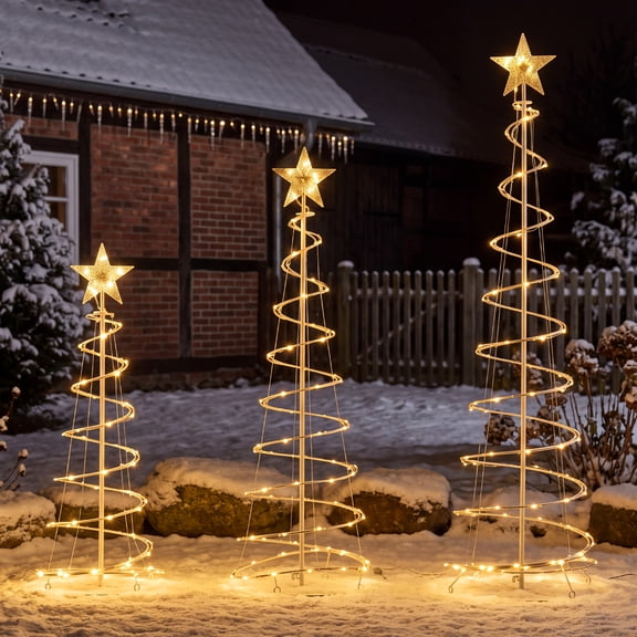 CONCETTA 3 Pack Spiral Christmas Trees, 3/4/5 FT LED Yard Decor, Warm White Light