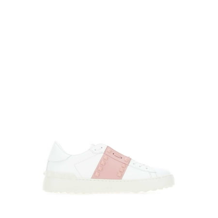 Valentino Garavani Woman White Leather Rockstud Untitled Sneakers With Powder Pink Band