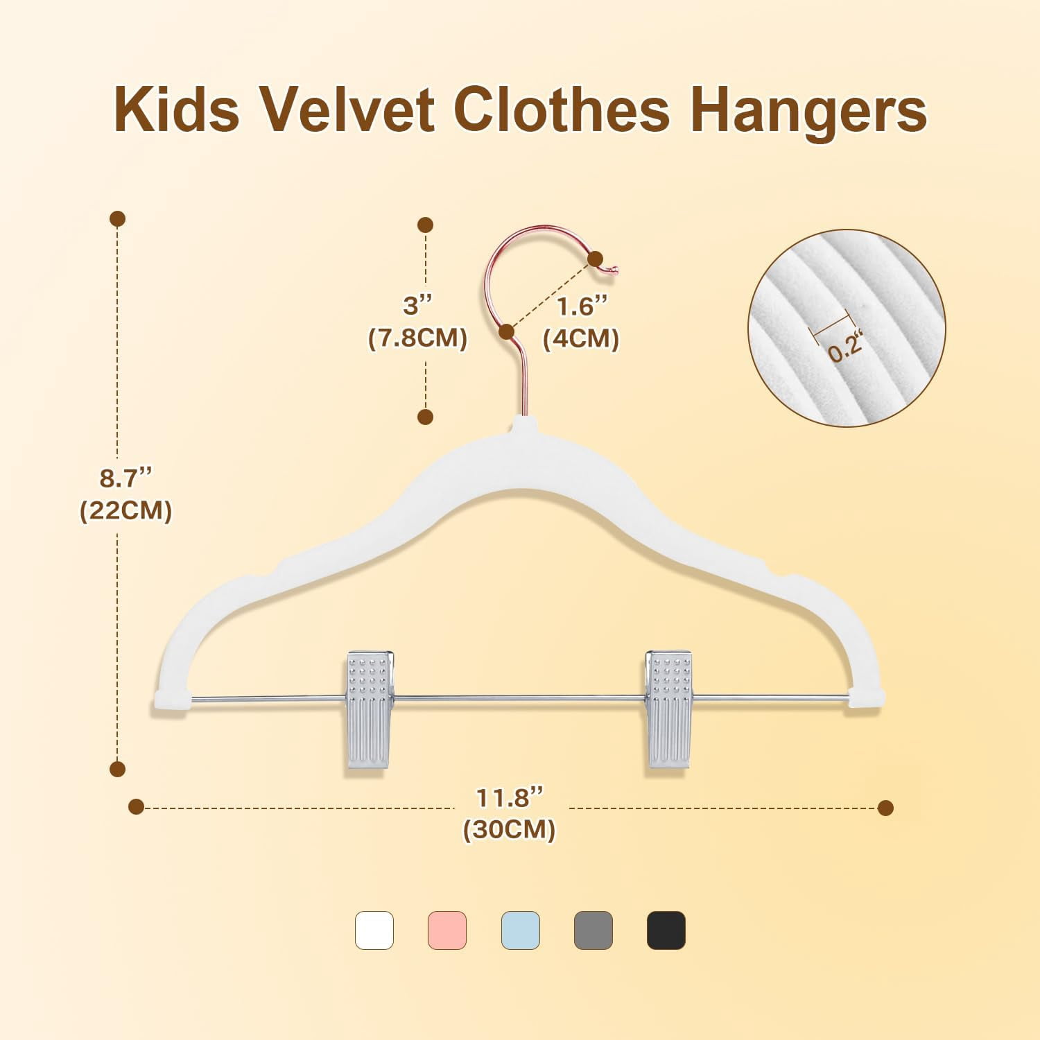 Baby Hangers with Clips, 14 Packs Kids Velvet Clothes Hangers, Heavy-Duty Childrens Pant Hangers for Shirts, Pants, Skirts, Dresses, Jackets, Coat White - Rose Gold Hook