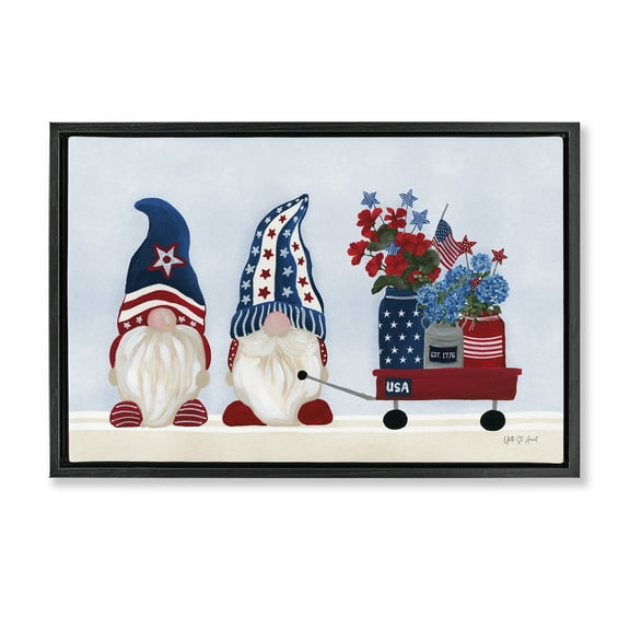 Stupell Industries American Gnome & Wagon Patriotic Painting Black Floater Framed Canvas Art Print Wall Art, 25 x 17