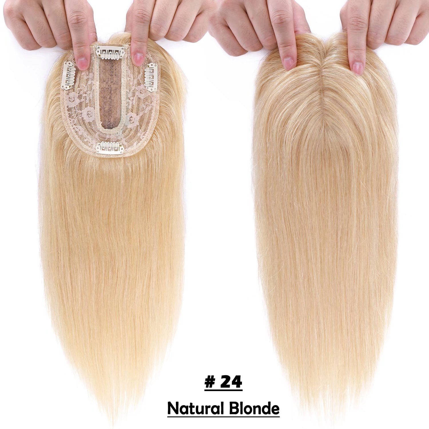 Benehair Clip In Remy Human Hair Extensions Silk Base Topper Hairpiece With Bangs Toupee Wig for Women Hair Loss 4 clips Blonde