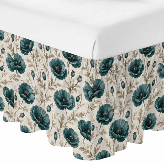 Country Floral Ruffle Bed Skirt King Size Dark Green Poppy Leaf Vintage Botanical Linen Adjustable Elastic Dust Bed Skirts Wrap Around Bedskirt Wrinkle Free Easy Fit with 16 Inch Drop