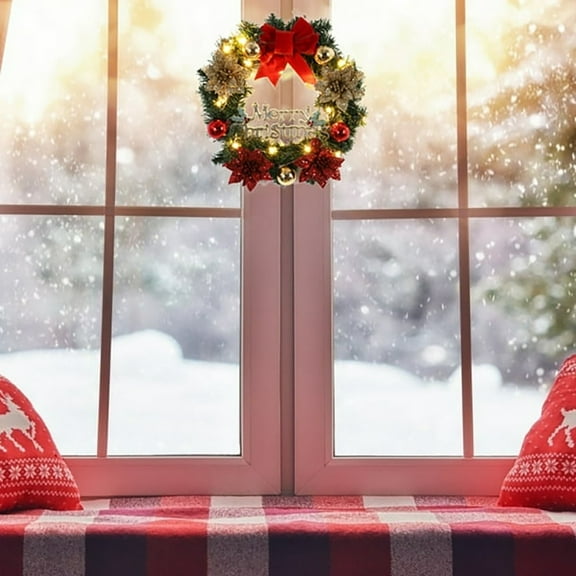 LHWEN Christmas Wreath with Remote LED String Lights Prelit Xmas Door Wreath Artificial Garland Battery Operated Lights Decorations for Indoor Outdoor Use Spring Summer Decor Perfect for Entryway