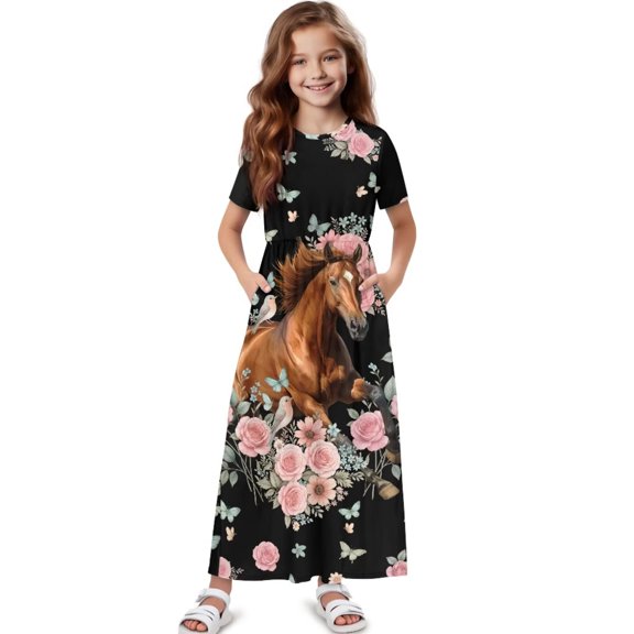 Uourmeti Girls Summer Maxi Dresses Crew Neck Short Sleeve Casual Flowy Tiered Long Dress with Pockets (Brown Horse Rose), Size 9-10 Years