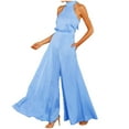 thumbnail image 2 of Wide Leg Solid Color Halter Neck Sleeveless High Waist Rompers,Women Ladies Tie Back Jumpsuit Full Length Large Pants, 2 of 8