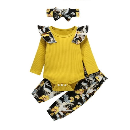 

Jdefeg Cute Pants for Teen Girls Baby Girls Long Sleeve Rib Romper Blouse Tops Print Pants Trousers with Headbands Outfit Set 3Pcs Clothes Girls Crop Top Hoodies Set Cotton Yellow 18M