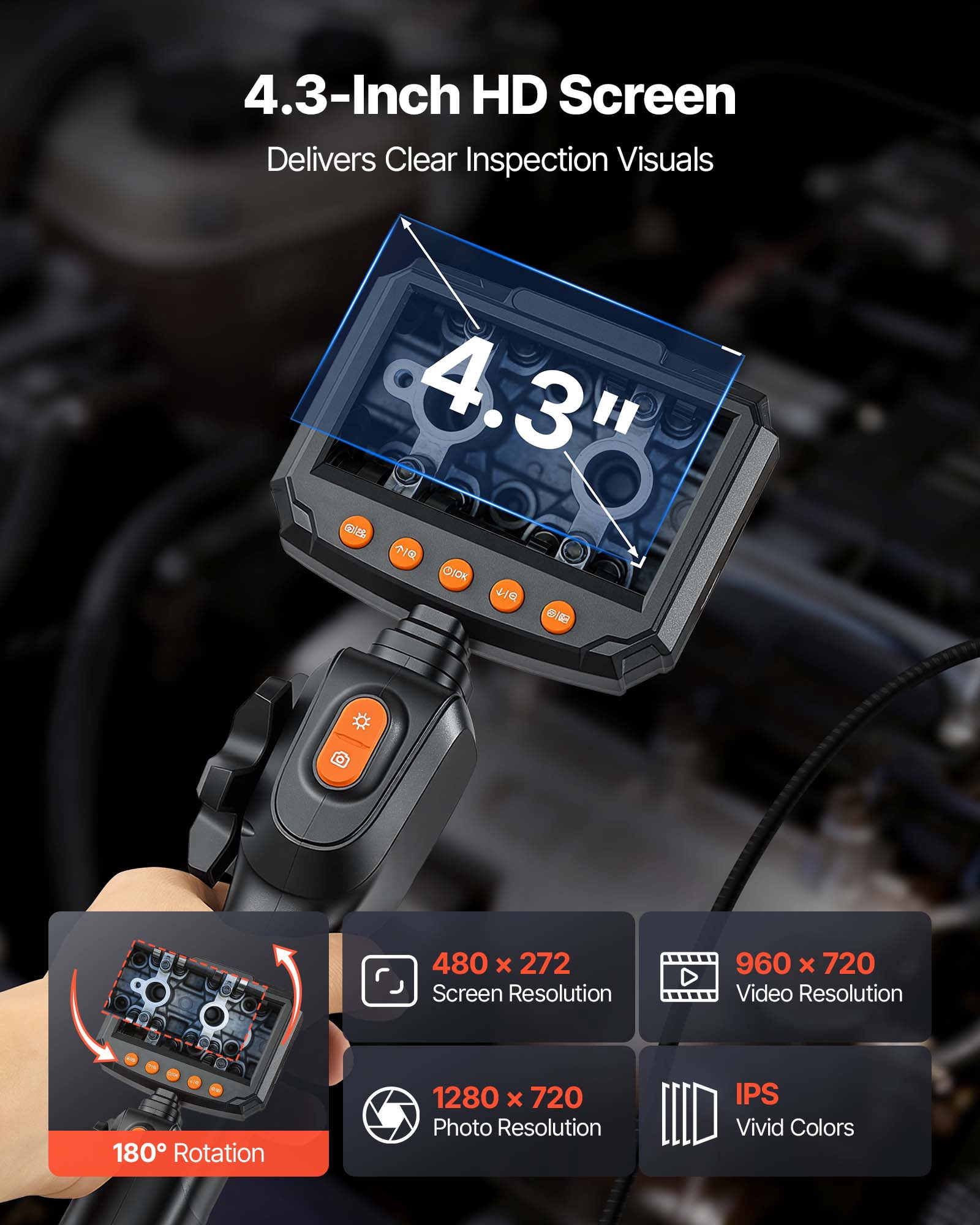 VEVOR Articulating Endoscope with Light, Two-Way Articulated Borescope Camera, 4.3" HD IPS Screen, 1280 x 720 Lens, 8X Zoom, IP67 Waterproof Inspection Snake Camera for Auto, Plumbing (4.9FT Cable)