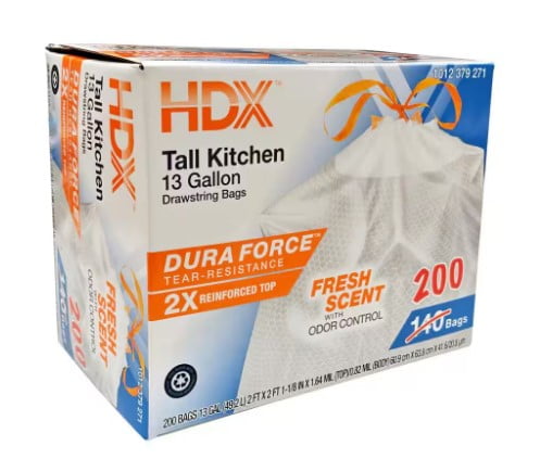 13 Gallon Reinforced Top Drawstring Fresh Scented Tall Kitchen Trash Bags with 20% PCR (200-Count)