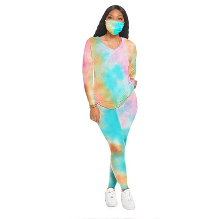 

Paille Ladies Tie Dye Casual Lounge Set V Neck Outdoor Loungewear Long Sleeve Home Clothes Pajamas Sets Sleepwear Pink Yellow XXL