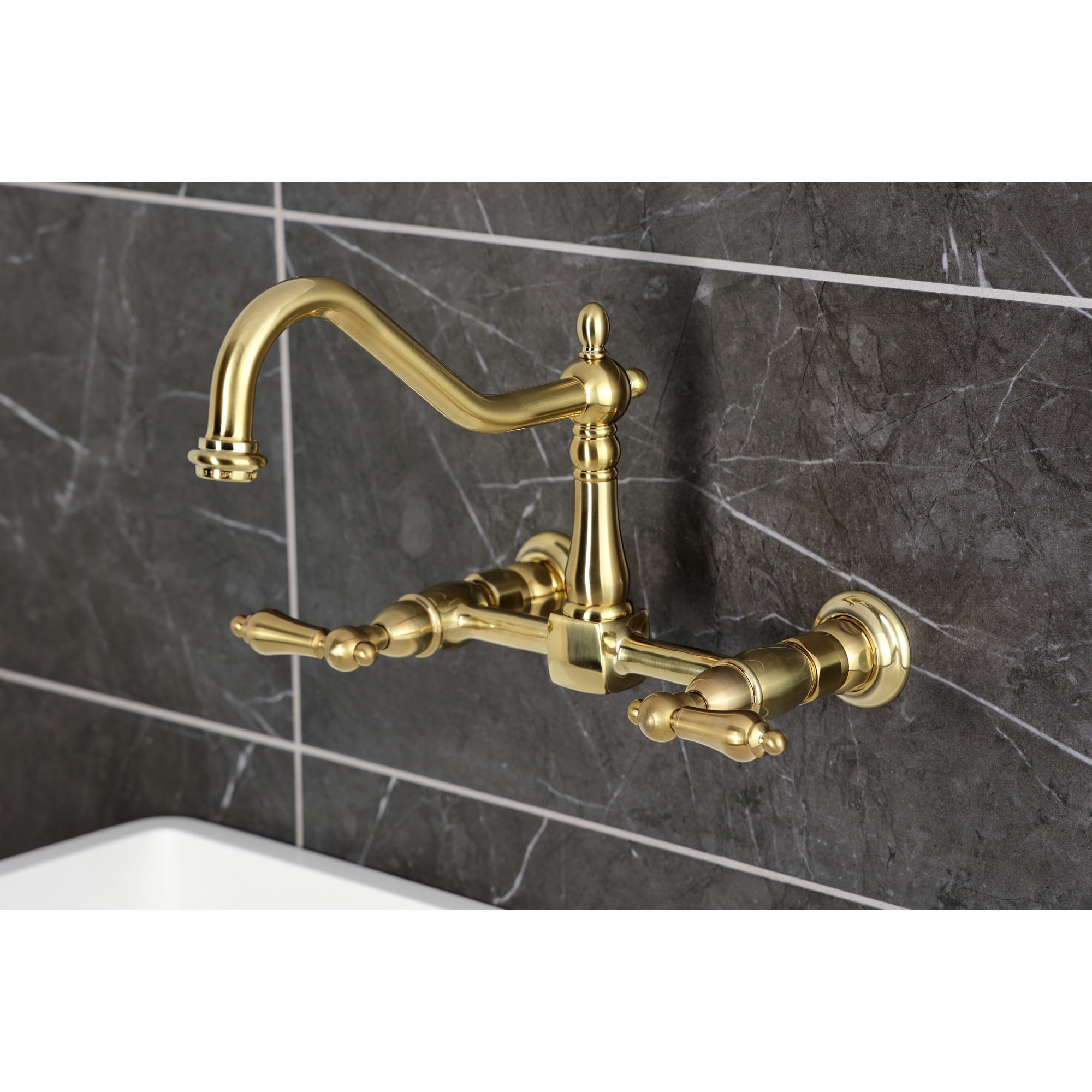 Kingston Brass KS1247AL Heritage Double-Handle Wall-Mount Bridge Kitchen Faucet, Brushed Brass
