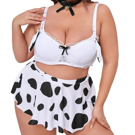 

Plus Size Women Sexy-Lingerie Bra Nightwear Sleepwear Cow Underwear Set Suit