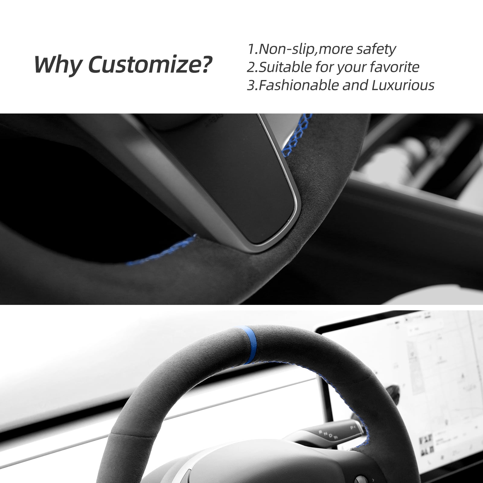 Alfanxi Hand Stitch Sewing Italy Alcantara Car Steering Wheel Cover for Tesla Model 3 or Tesla Model Y 2018-2025(Blue Stripe)