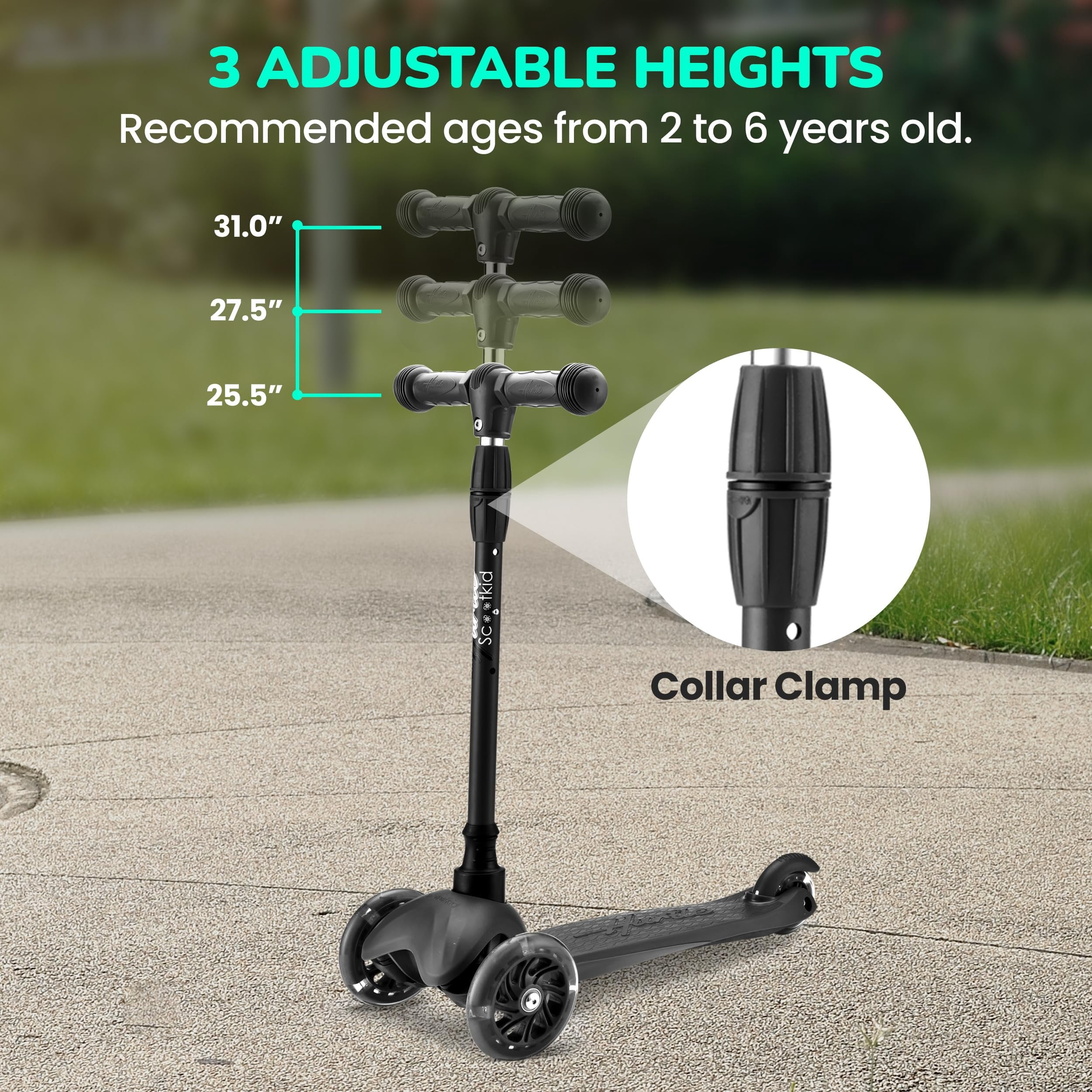 Hurtle Mini Kickboard Scooter for Kids - Height Adjustable 25''-28'', Lightweight 3-Wheels with LED Light-up, Anti-Slip,Indoor/Outdoor Fun, Micro-Scooter for Ages 2-5