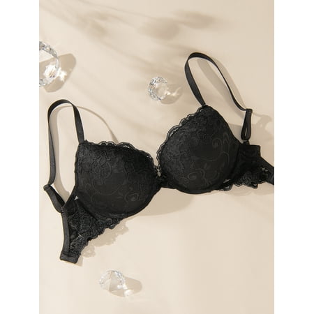 Deyllo Women s Lace Push Up Padded Plunge Add Cups Underwire Lift Up Bra  Black 34A