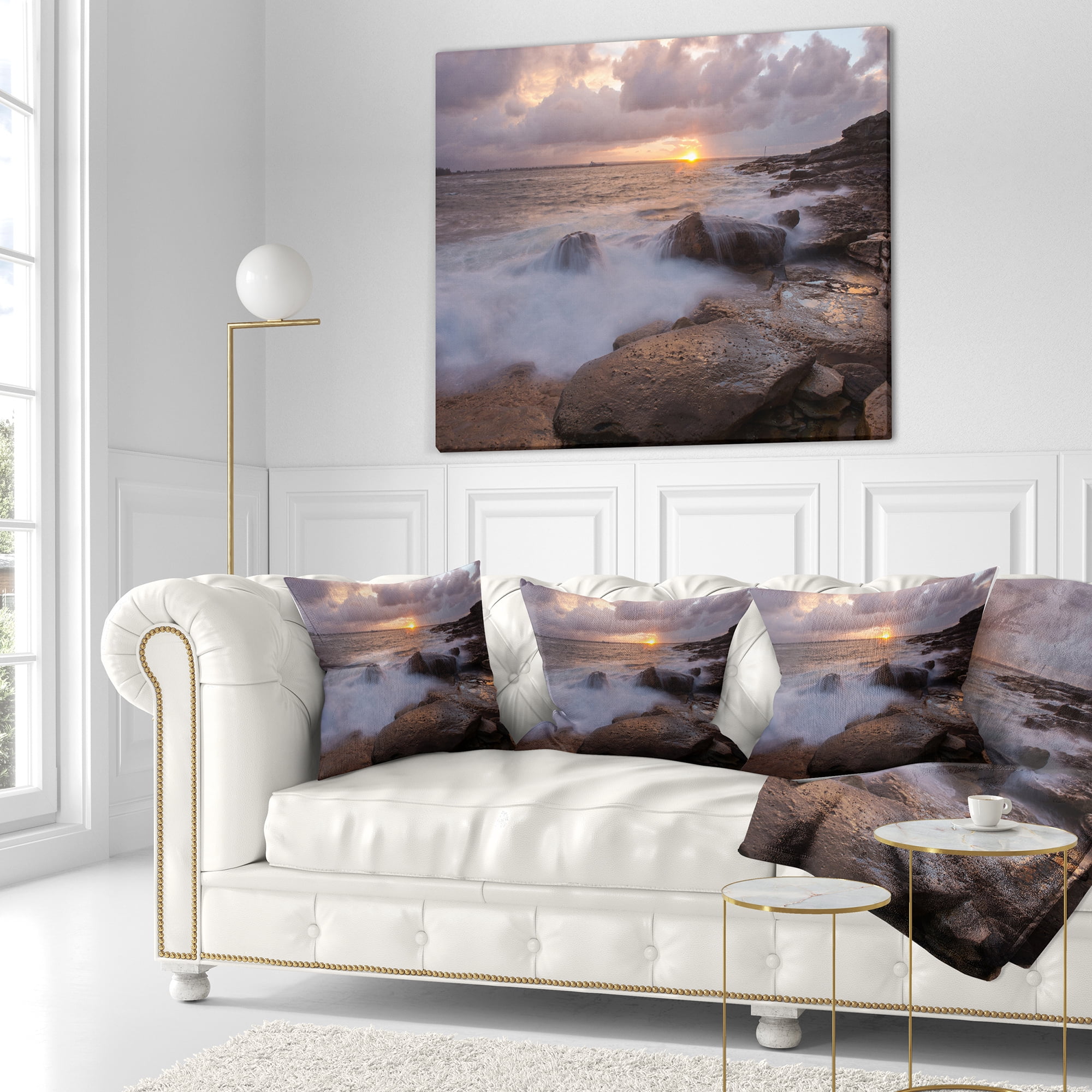 Designart Waves Hitting Rocks in Australia Coastline - Seashore Throw Pillow - 16x16