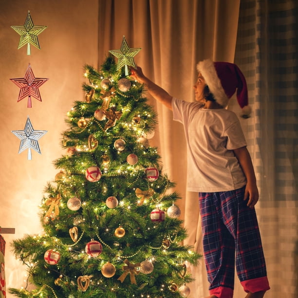 Estrella de Topper del Árbol de Navidad - Decoración 3D Hueca en Pentagrama en la Copa del Árbol, Adorno Navideño de ABS Rojo de 9 pulgadas con asa mate