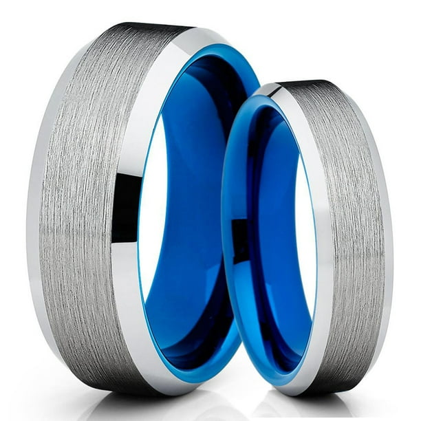 His and Her's 6mm & 8mm Blue Tungsten Ring Silver Brushed Tungsten