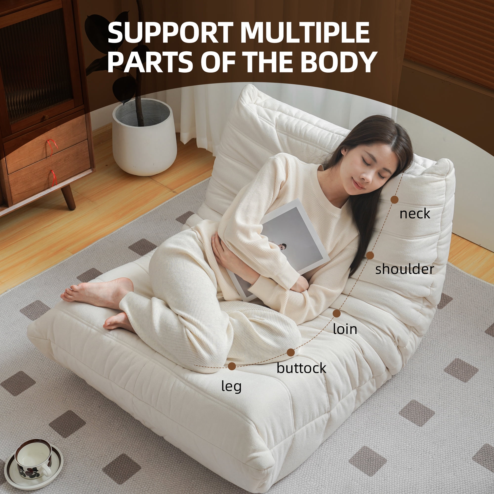 Aukfa Bean Bag Chair, Lazy Floor Sofa Lounger, Sponge Sofa Chairs for Adults, Fireside Chair for Living Room Bedroom, White