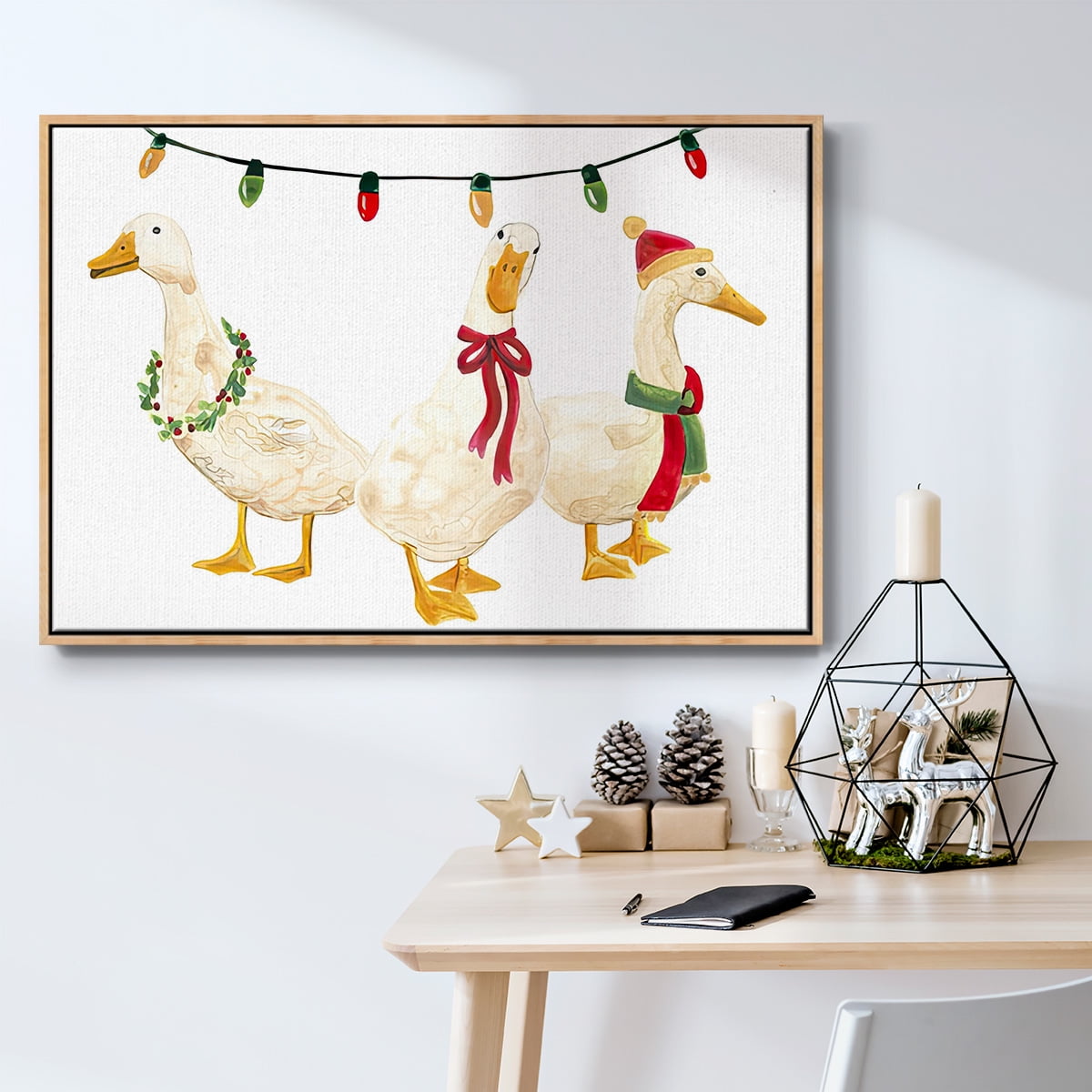 Merry Quackmas Collection A - Framed Gallery Wrapped Holiday Canvas - 17 x 25 - Natural Wood Frame