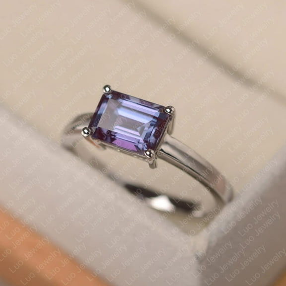 Lab alexandrite ring, emerald cut June birthstone ring, white gold engagement ring for women