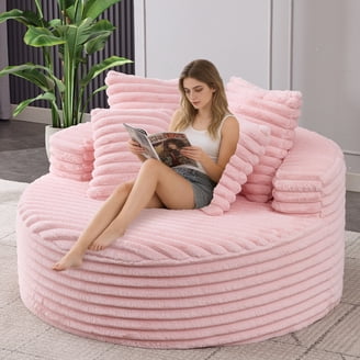 カナデモノ 椅子　Linen Round Lounge Chair - Pink Condemo Indoor Linen Fabric Chaise Lounge Chair, Adjustable Back