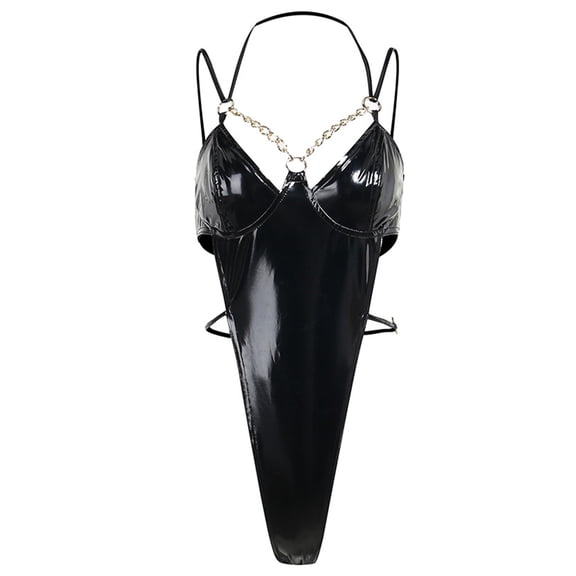 Yokua Women's One Piece Bodysuit Punk Deep V Neck Chain Jumpsuit PU Leather Catsuit