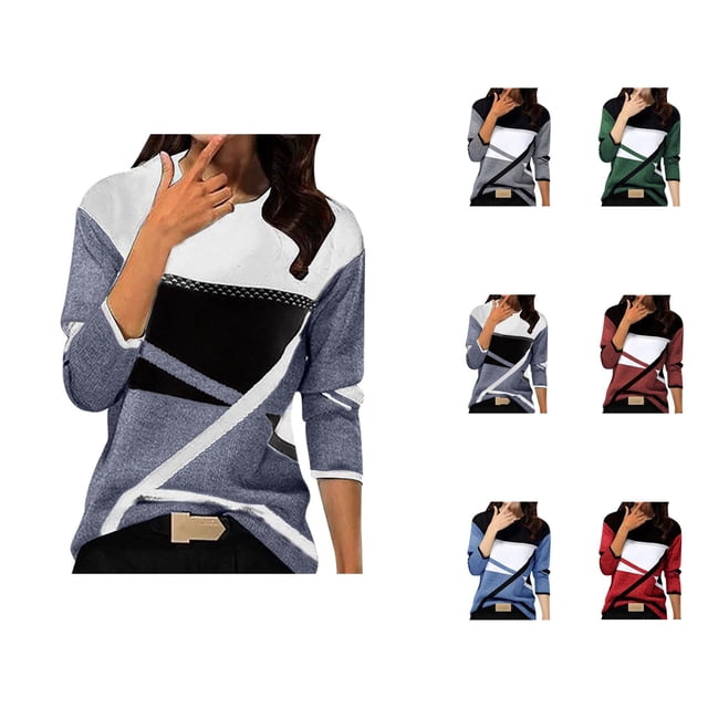 Color Block Women Long Sleeve Top 2026 Trendy Geometry Graphic Crewneck Sweatshirt Pullover