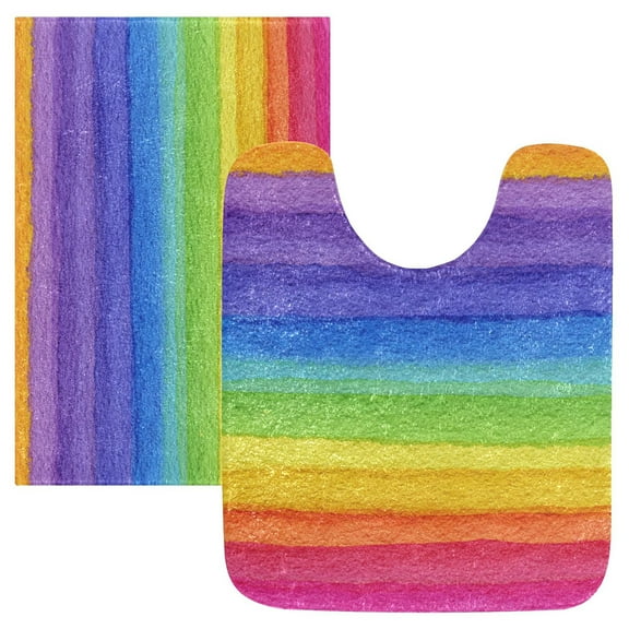2 Piece Bath Mat Set with U-Shaped Toilet Mat and Rectangle Bath Rugs Non Slip Machine Washable Bathroom Mats Watercolor Rainbow Colors