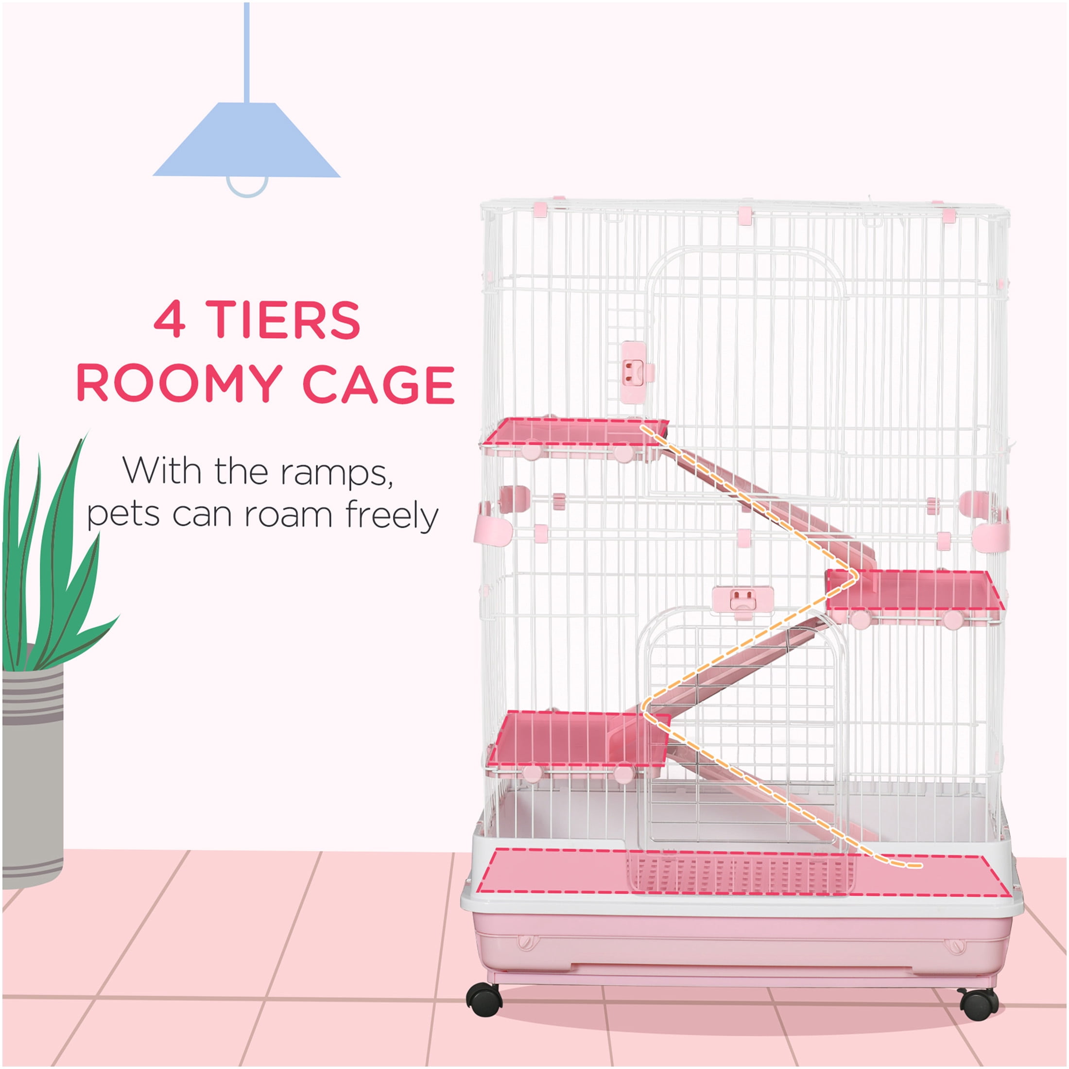 JERFIT Pink Metal Rabbit Hutch on Wheels, 32" Indoor Small Animal Cage for Rabbits, Chinchillas, Guinea Pigs with Ramp, Platform & Removable Tray