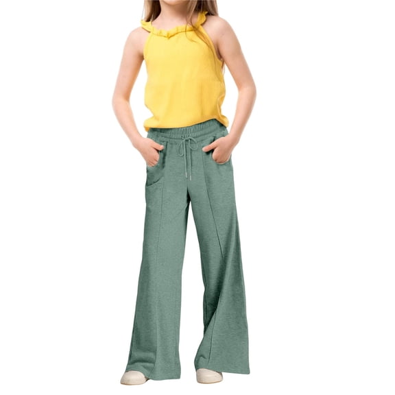 GiLiling Girls Oversized Wide Leg Sweatpants, Drawstring Kids Baggy Straight Leg Track Pants, Casual Plain Pockets (Green, 13-14 Years)