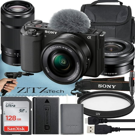 Sony Alpha ZV-E10 Mirrorless Vlog Camera with 16-50mm Lens   55-210mm Lens   128GB Memory Card   Tripod   Case   ZeeTech Accessory Bundle (Black)