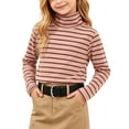 thumbnail image 2 of Girls Boys Turtleneck Long Sleeve Tops Striped Pullover Slim Fit Layering Fall Winter Fashion Soft Comfort Base Shirts Pink 12-13Years, 2 of 9