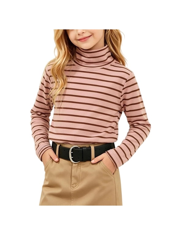 Girls Turtleneck Long Sleeve T-Shirts, Relaxed Fit Striped Long Sleeve Stretchy Warm Casual Base Layer Tee Pink Size 9-10