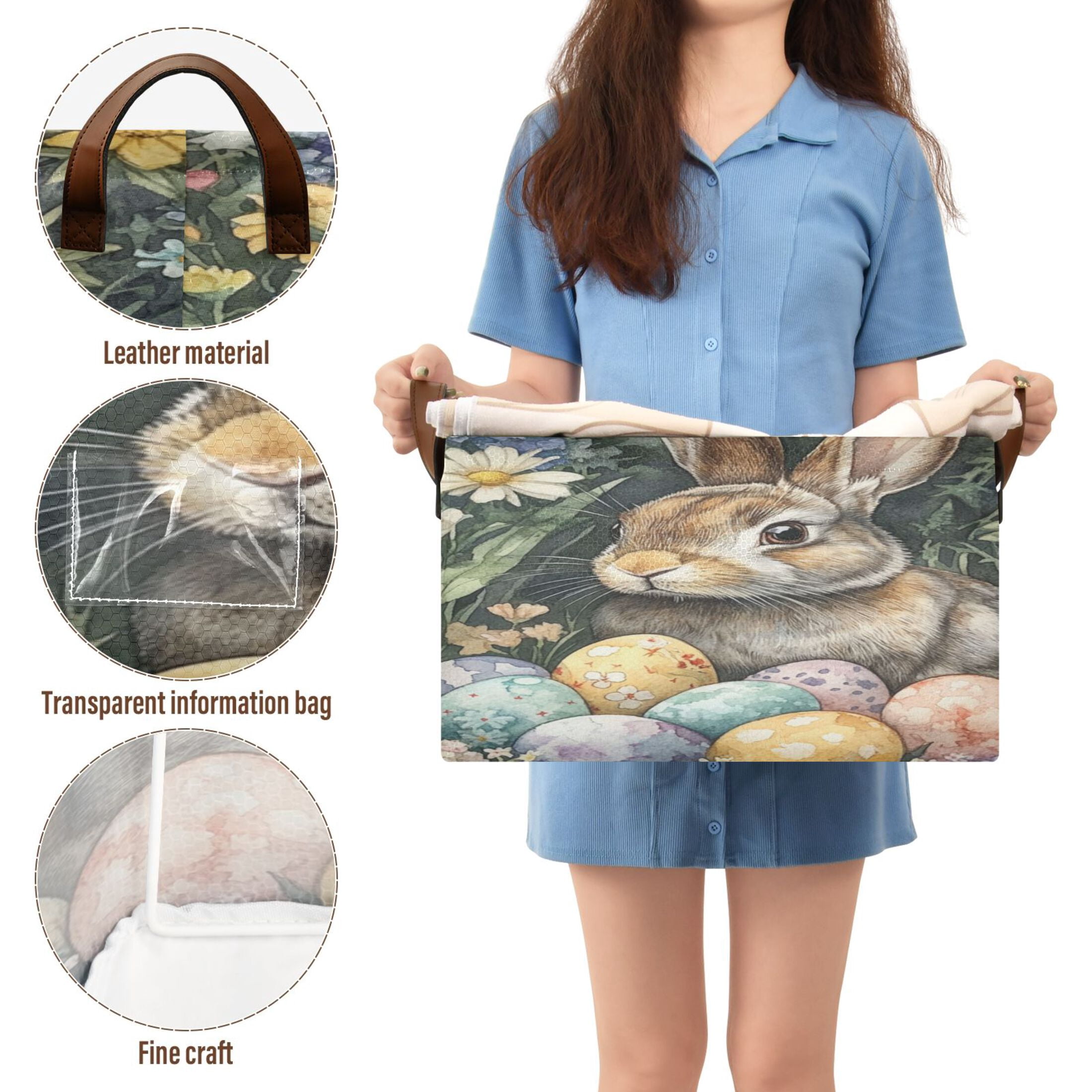 WOBOGO Easter Gray Bunny Storage Basket 16.9×11.4×10in Collapsible Oversized with Metal Iron Frame Set of 1