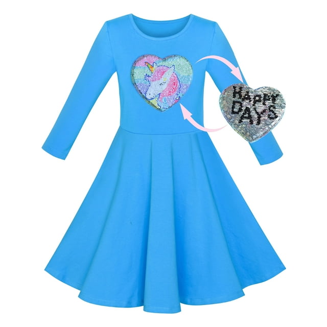 Robe Fille Coton Bleu Unicorn Sequins Manches Longues Décontractée 4 Ans