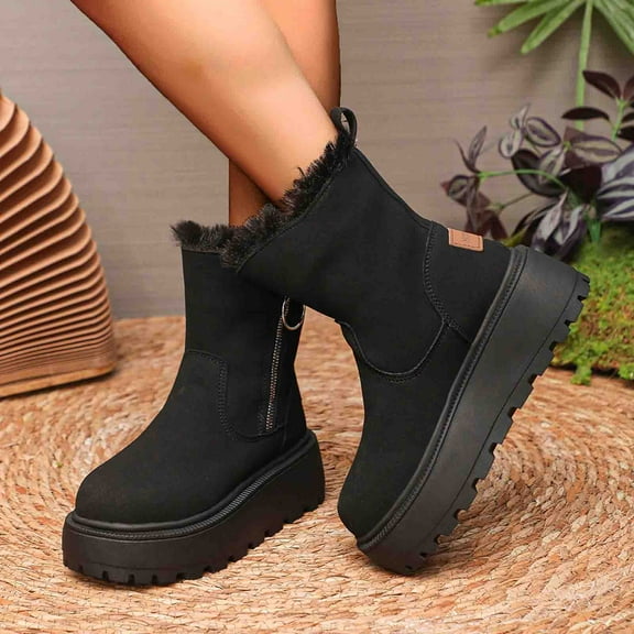 Bnwani Women Low Heel Boots Shoe Toe Chunky High Mid-Calf Ankle Fleece Solid Snow Boot Black Size 5
