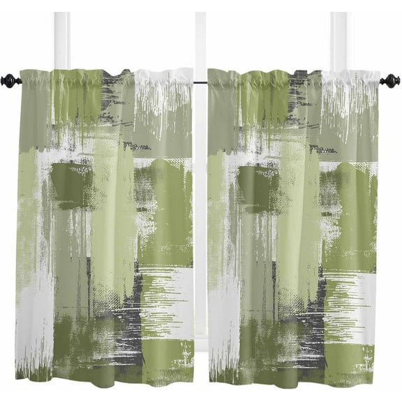Oil Painting Sage Green Kitchen Curtains 63 Inch Length Curtains Drapes, Modern Geometric Black White Abstract Art Rod Pocket Window Curtains for Living Room/Bedroom, 52" x 63", 2 Panels